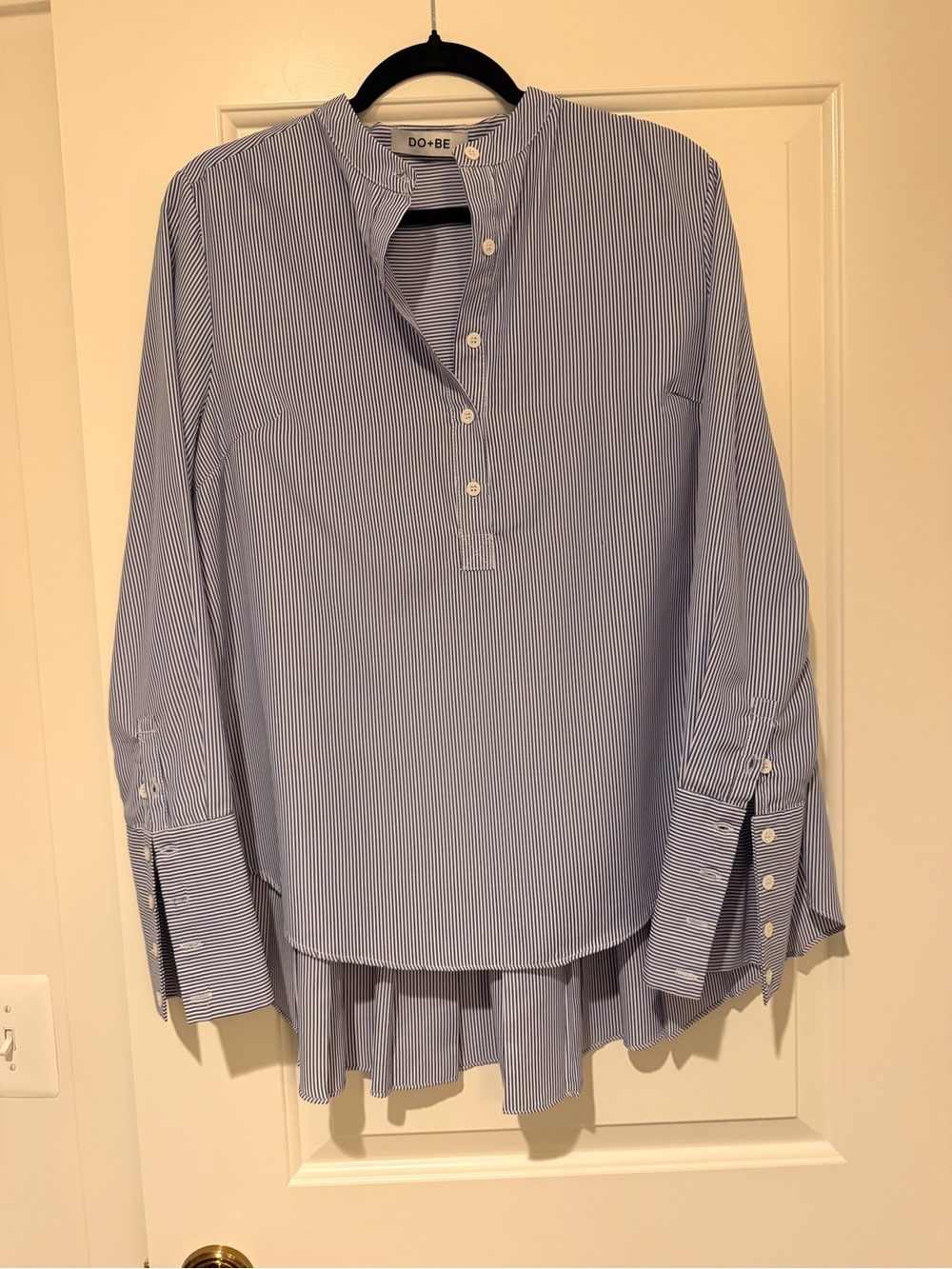 Tuckernuck DO+BE Blue Pinstripe Band Collar Pleated Shirt